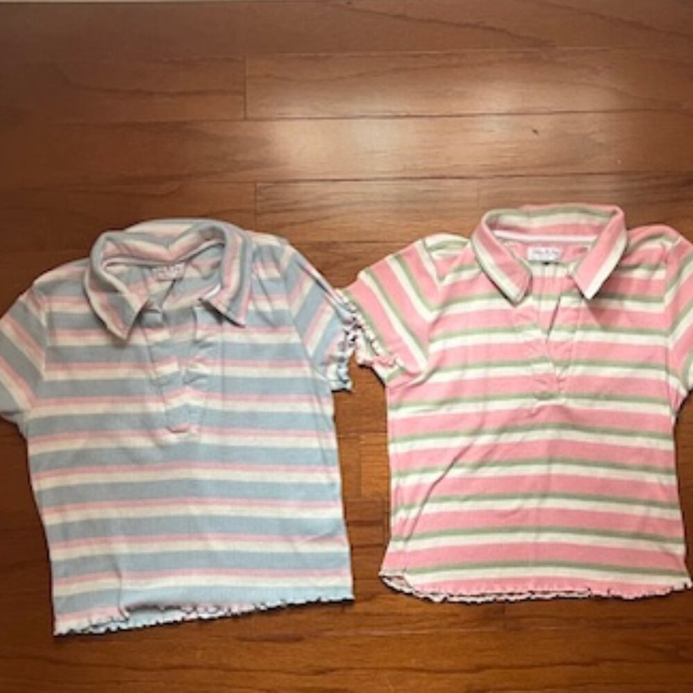 2 Jolie & Joy Ribbed Striped Collared Crop Tops